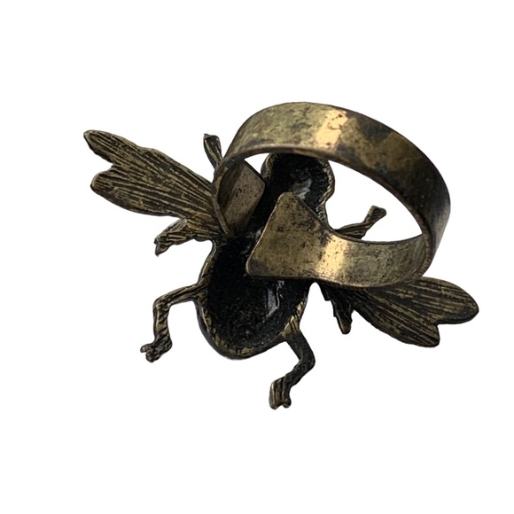 Vintage Bee-Motif Black Enamel & Antique Bronze Adjustable Ring Jewelry Wasps - Picture 6 of 8